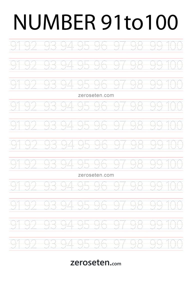Numbers Tracing Worksheets Ninety one to Hundred