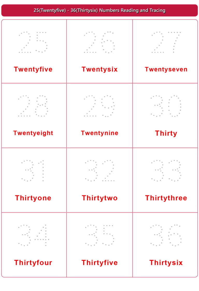 25(Twentyfive) - 36(Thirtysix) Numbers Reading and Tracing - Zero se ...